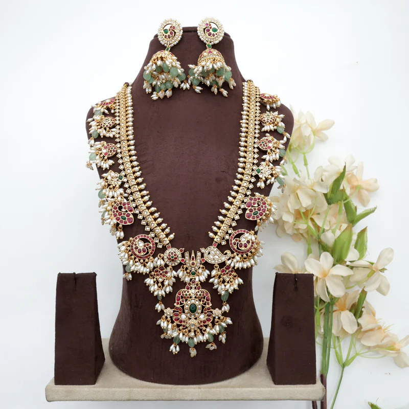 Long Kundan Kemp Shankh Chakra Namam Gandaberunda Haram with Rice Pearls